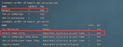 图 17 default 空间下的 Service Account 和其对应的 secret